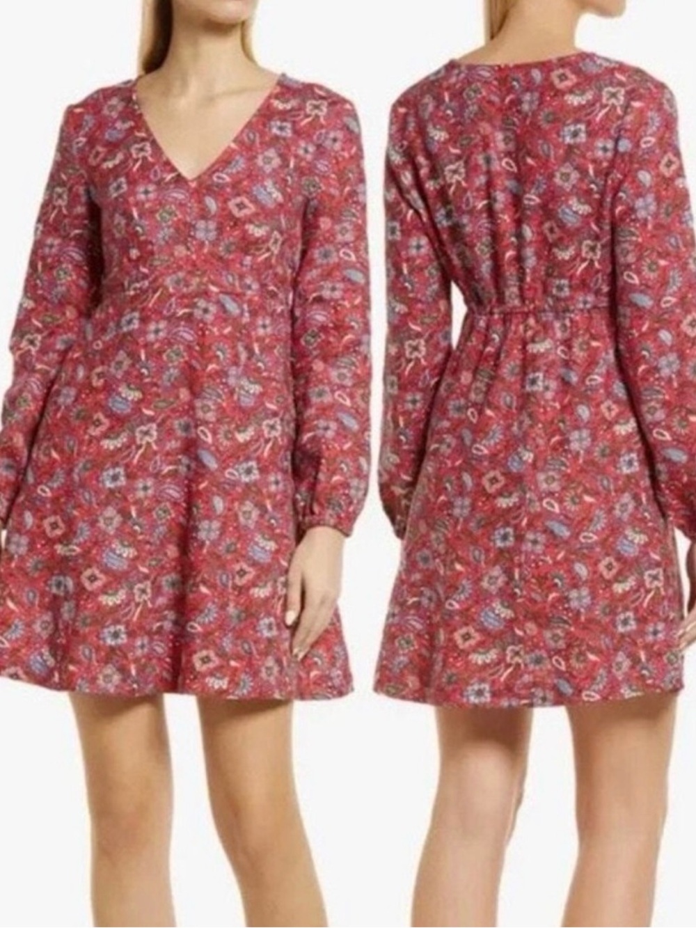 Boden Red Ditsy Floral Linen Mini Dress Long Sleeve Boho Cottagecore US 6 Fall